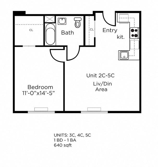 Floor plan for 1 bed, 1 bath, 640 sqft